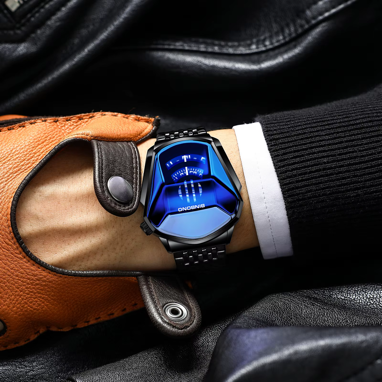 BINBOND chaud nouveaux hommes dominateur moto Concept montre à la mode grand cadran en acier inoxydable technologie