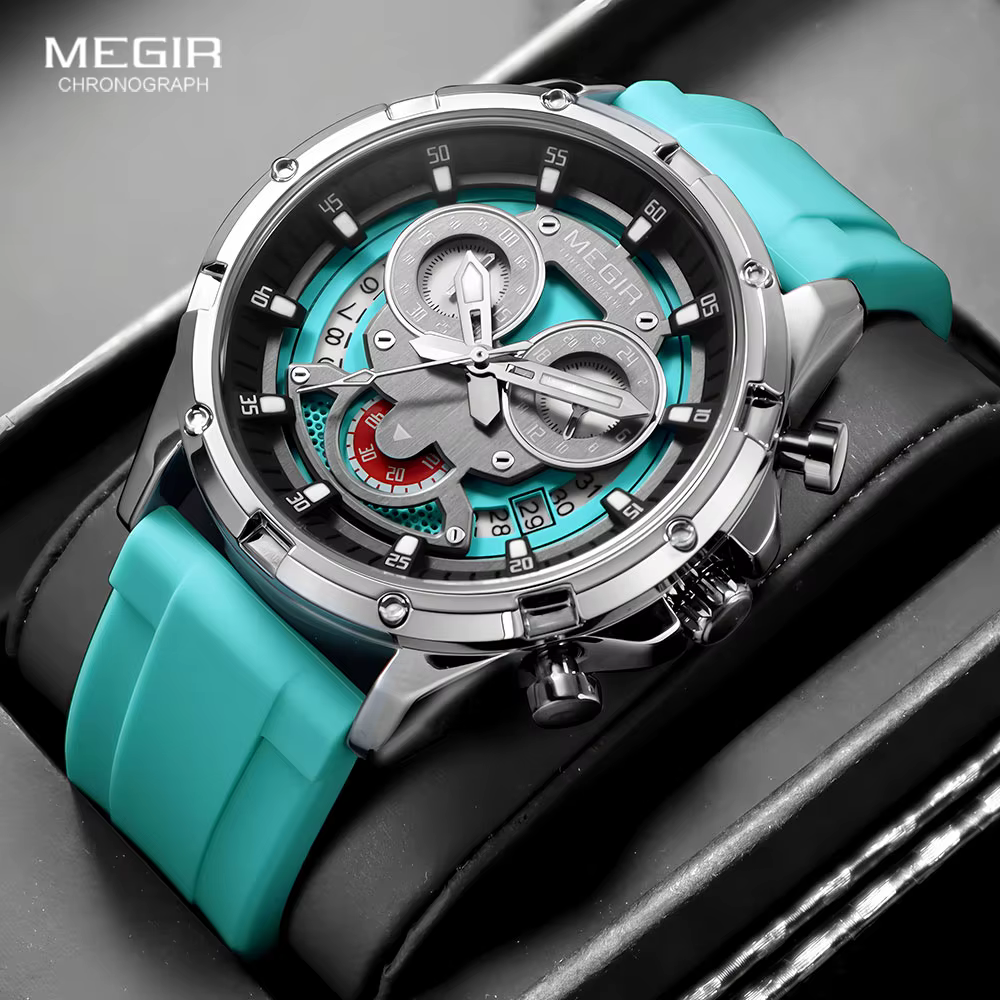 MEGIR montre à Quartz pour hommes avec bracelet en Silicone blanc aiguilles lumineuses mode Sport chronographe étanche montre-bracelet avec calendrier