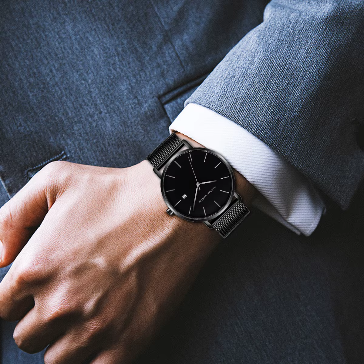 Classique Bauhaus Design hommes montre bleu foncé japon Quartz étanche en acier inoxydable mode affaires calendrier Ultra mince montres