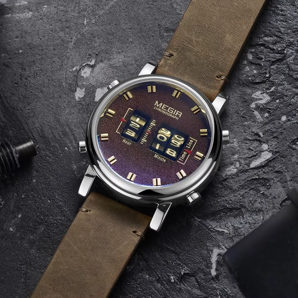 Montre-bracelet numérique MEGIR Roller, cadran numérique, mouvement à quartz, montre de sport pour homme, 3ATM étanche, bracelet en cuir, montres Reloj Hombre