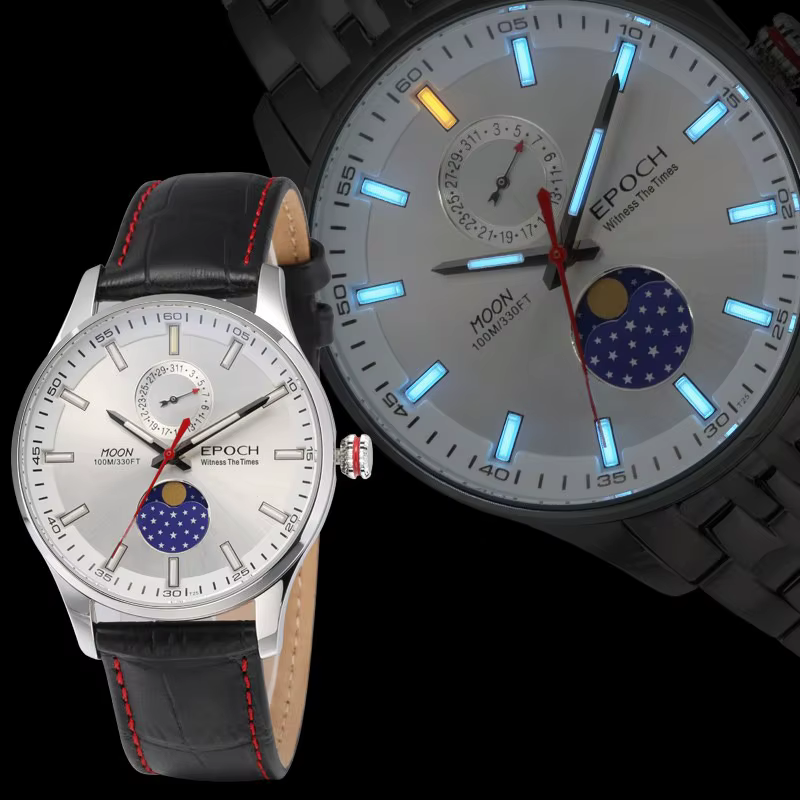 EPOCH hommes montre à Quartz lumineux suisse Ronda mouvement Phase de lune WR100M saphir