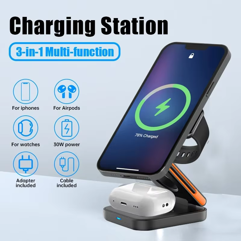 Station de charge pliable 3-en-1 avec support de chargeur sans fil magnétique rapide pour iPhone 17 16 15 14 13 12
