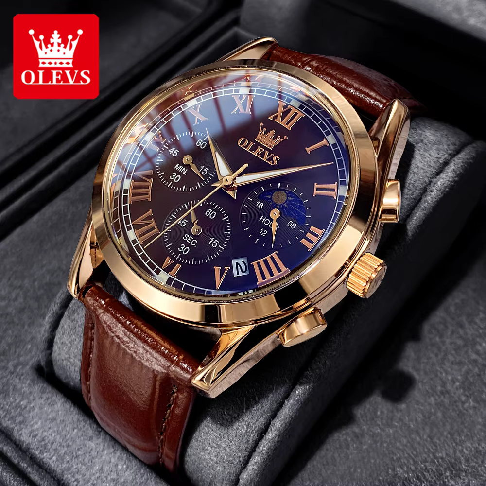 OLEVS Phase de lune montres pour hommes chronographe 30 m étanche lumineux marque montre à quartz pour homme date