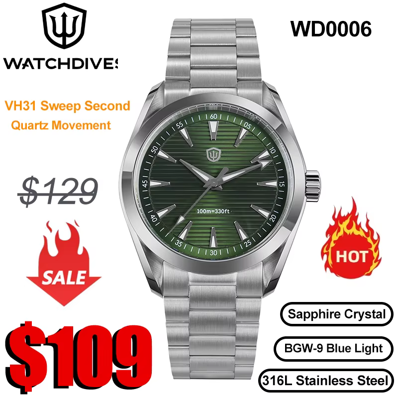 Watchdives WD0006 montre VH31 balayage deuxième mouvement dôme saphir cristal BGW9 lumineux 10Bar étanche 38mm montres Vintage