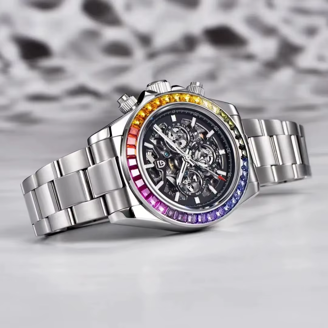 Montre mécanique automatique pour homme PAGANI DESIGN avec lunette sertie de pierres précieuses colorées