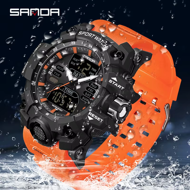 SANDA hommes montres de sport double affichage analogique numérique LED électronique