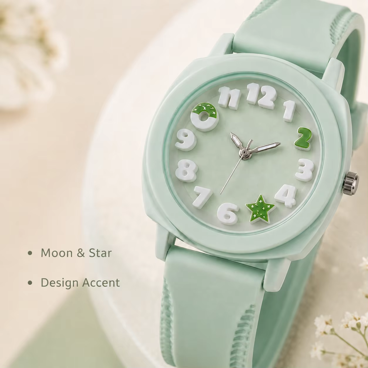 Montre analogique à cadran numérique 3D avec motif lune et étoiles