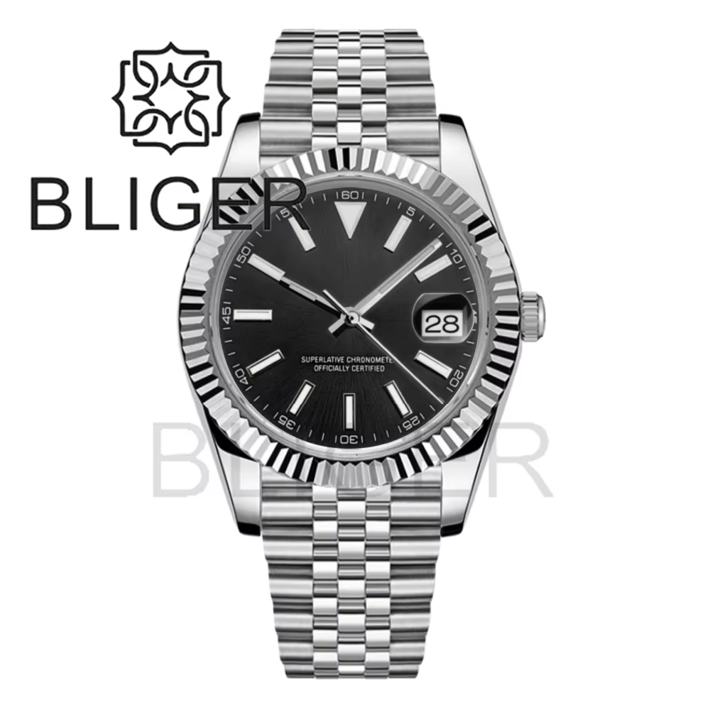 BLIGER 36mm/39mm montre DJ pour hommes lunette cannelée verre saphir étanche en acier inoxydable fermoir Glidelock cadran lumineux Sunburst