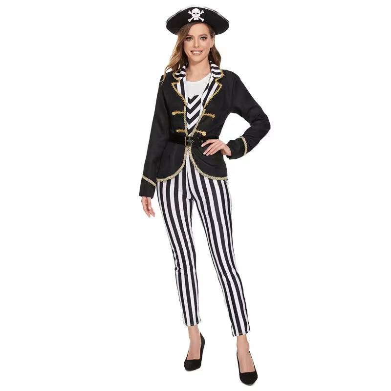 Costume de capitaine pirate pour femmes, pantalon rayé noir et blanc, tenue de cosplay pour Halloween, déguisement de carnaval, robe de fantaisie avec chapeau