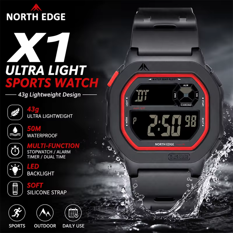 Montre numérique à écran carré NORTH EDGE X1 2026 pour hommes et femmes