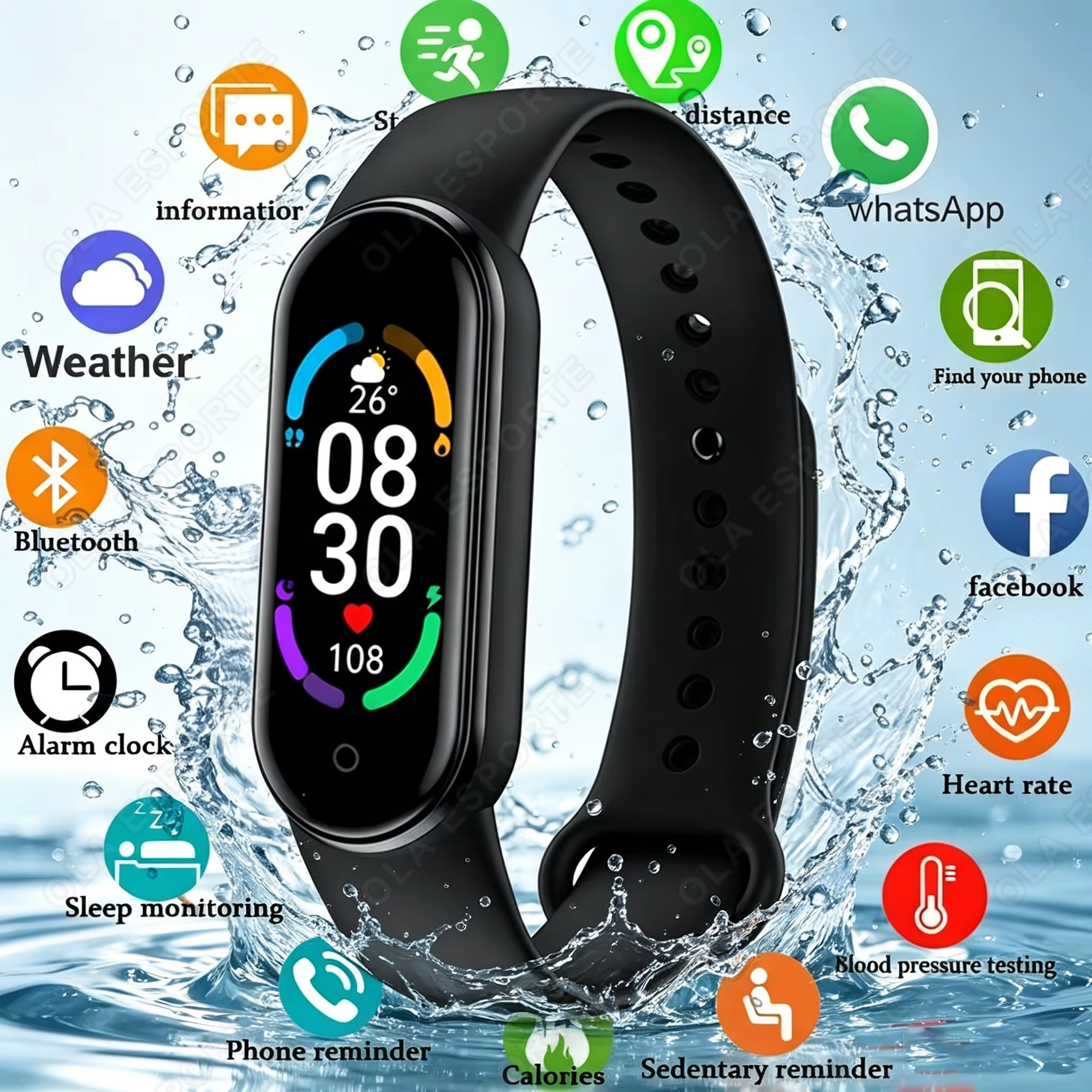 Montre connectée M6 pour hommes et femmes, bracelet intelligent de fitness, bracelet de sport, moniteur de fréquence cardiaque, moniteur de tension artérielle, montres multifonctions étanches