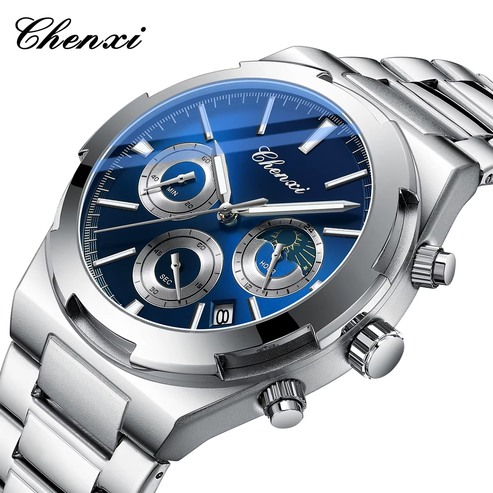 Montres pour hommes classique multifonctionnel chronographe montre de sport haut de gamme en acier inoxydable étanche lumineux montre-bracelet à Quartz