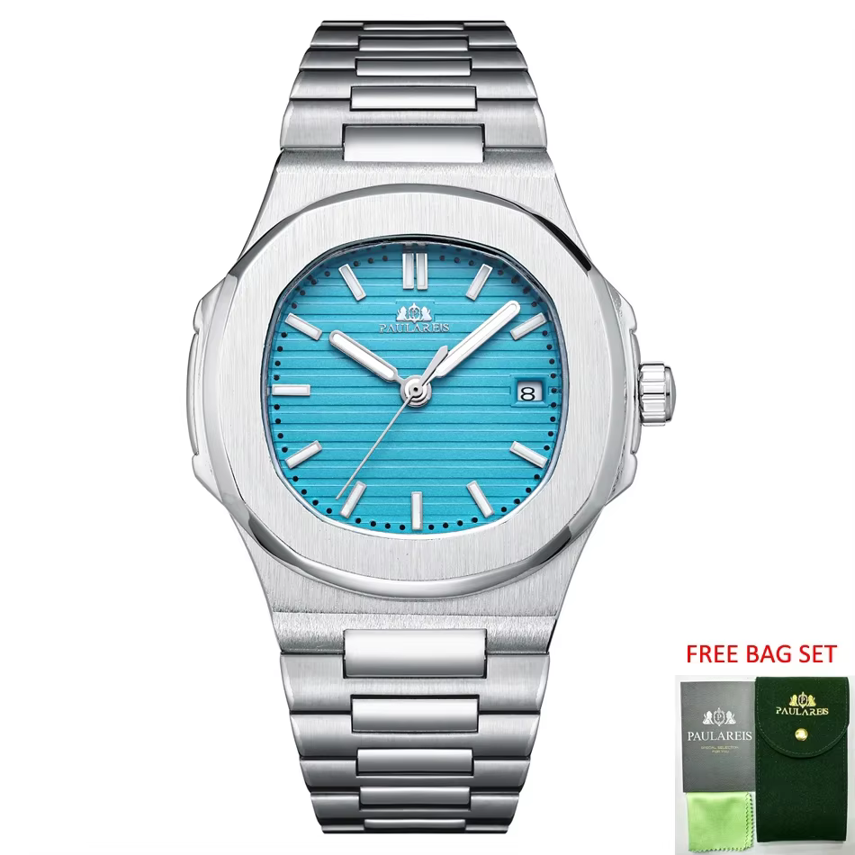 Montres automatiques pour hommes mouvement mécanique lumineux en acier inoxydable cadran bleu gris Simple affaires Reloj Hombre Baratos