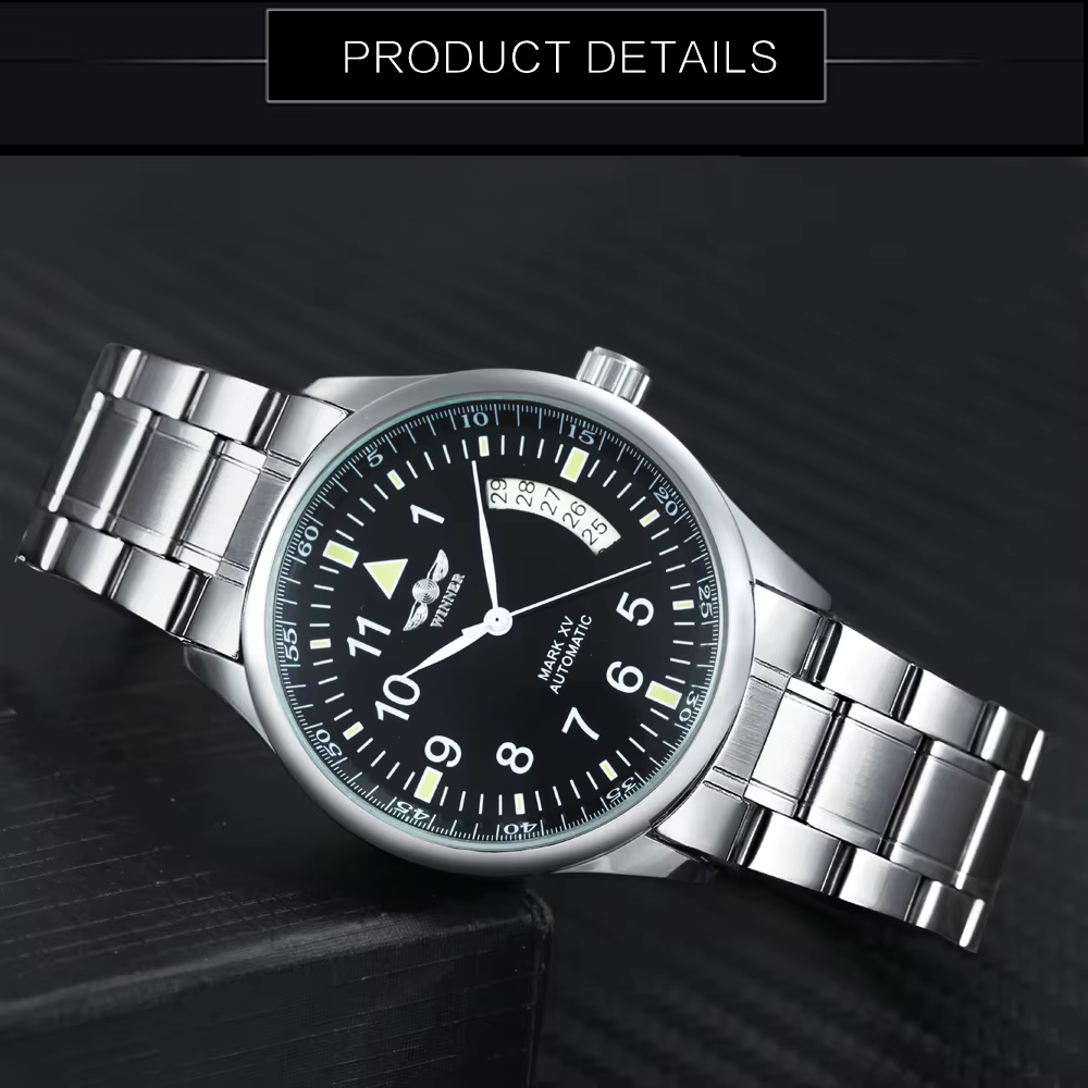 Montre automatique WINNER pour homme, fenêtre de calendrier, cadran noir tendance, bracelet en cuir tendance, montre mécanique de luxe de marque