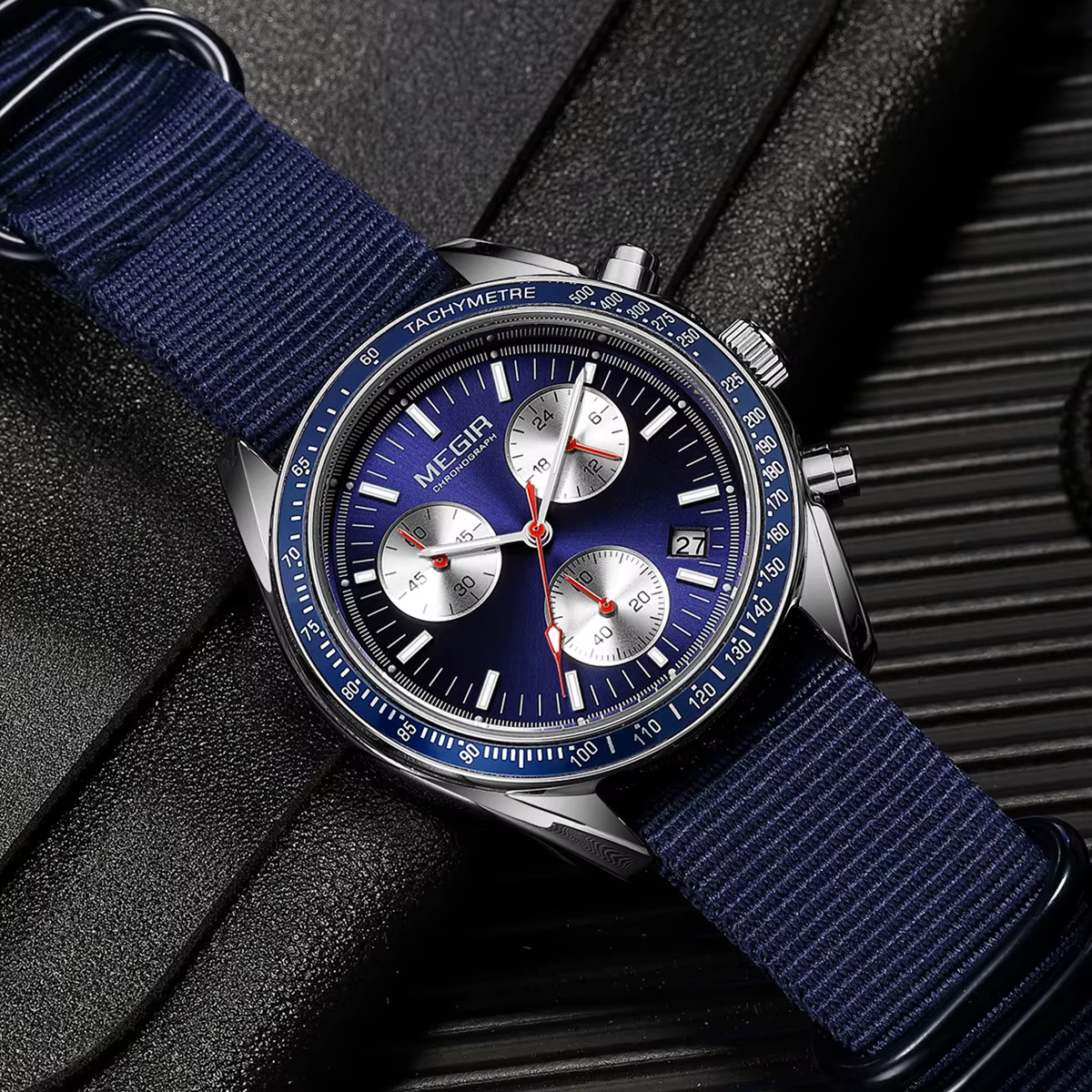 MEGIR montres à Quartz de luxe pour hommes bracelet en toile bleue Sport loisirs chronographe lumineux étanche mâle montre-bracelet horloge 2247