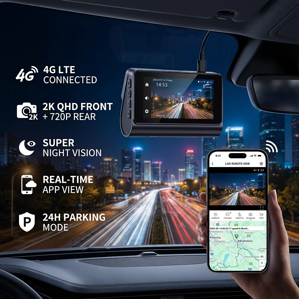Caméra de tableau de bord pour Streaming en direct 4G, GPS 2K avant et arrière 720P, Double caméra, Vision nocturne, moniteur de stationnement 24H, enregistrement vidéo, partage WiFi