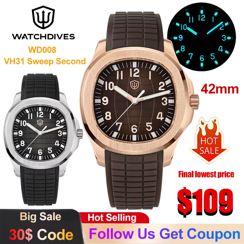 Watchdives WD008 Montre pour homme VH31 Mouvement à quartz à seconde fluide Verre saphir Étanche 100m Super lumineuse
