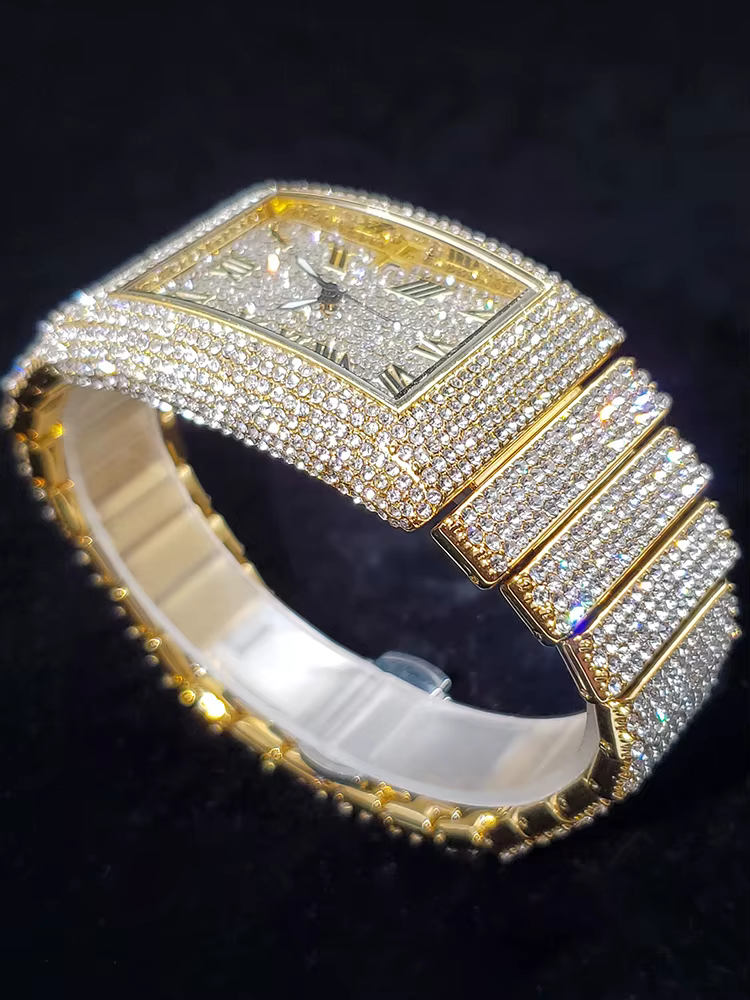 Montres pour hommes en or cadran rectangulaire de luxe diamant mode grandes