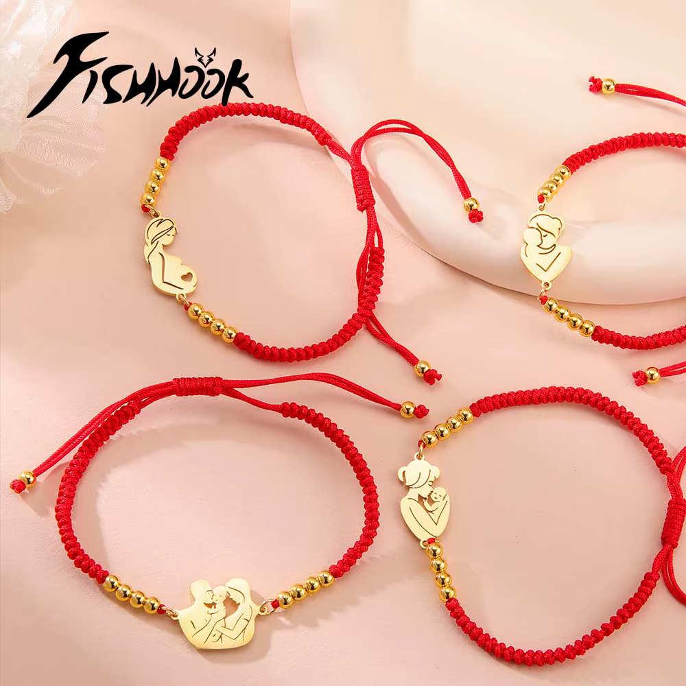 Nouveau Bracelet Cadeau Fête des Mères pour Maman Nouvellement Enceinte, Femme, Homme, en Acier Inoxydable, Chaîne Corde Noire et Rouge, Bijou Couleur Or