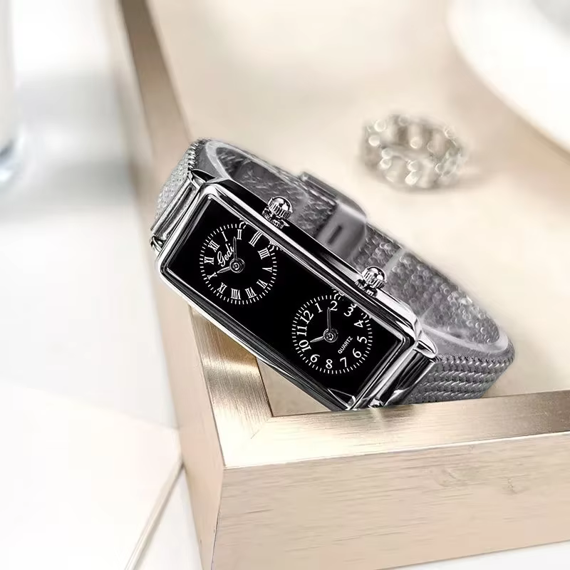 Femmes montre à Quartz de luxe double temps 2 mouvement horloge en acier inoxydable Reloj Mujer Rectangle Orologio filles or argent montre-bracelet