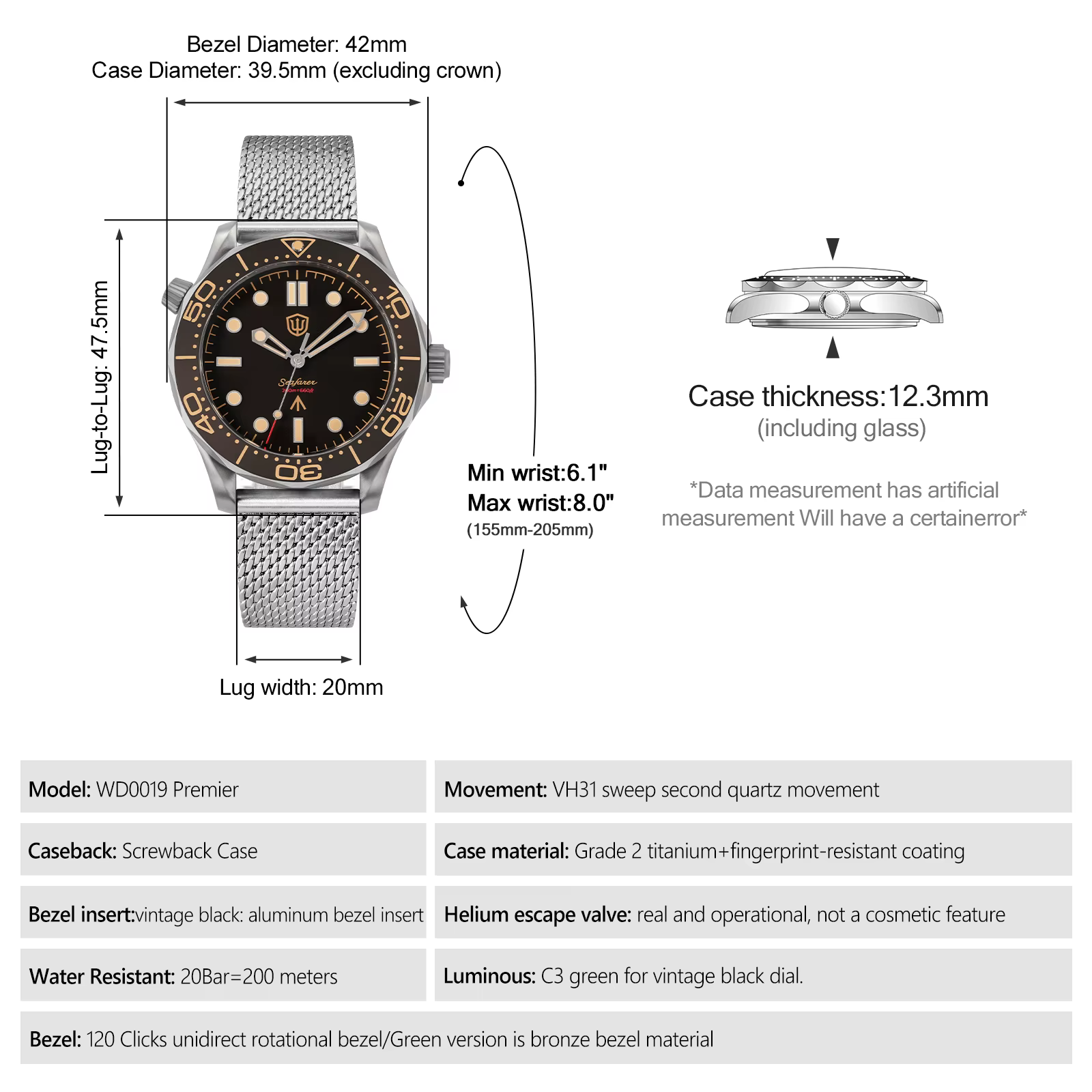 Watchdives WD007Q montre de plongée en titane 42mm VH31