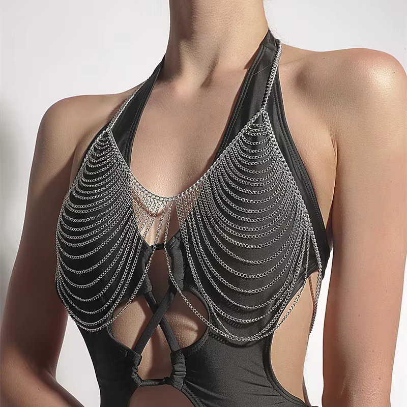 Chaîne de corps pour femmes, accessoire d'halloween, Lingerie Sexy, bonnet à pompon, soutien-gorge, haut court, multicouche, vêtements de boîte de nuit, bijoux de fête, automne 2024