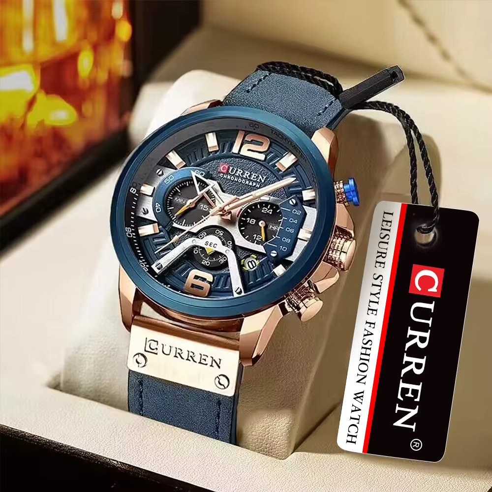 Istro REN-Montre de sport chronographe en cuir bleu pour homme