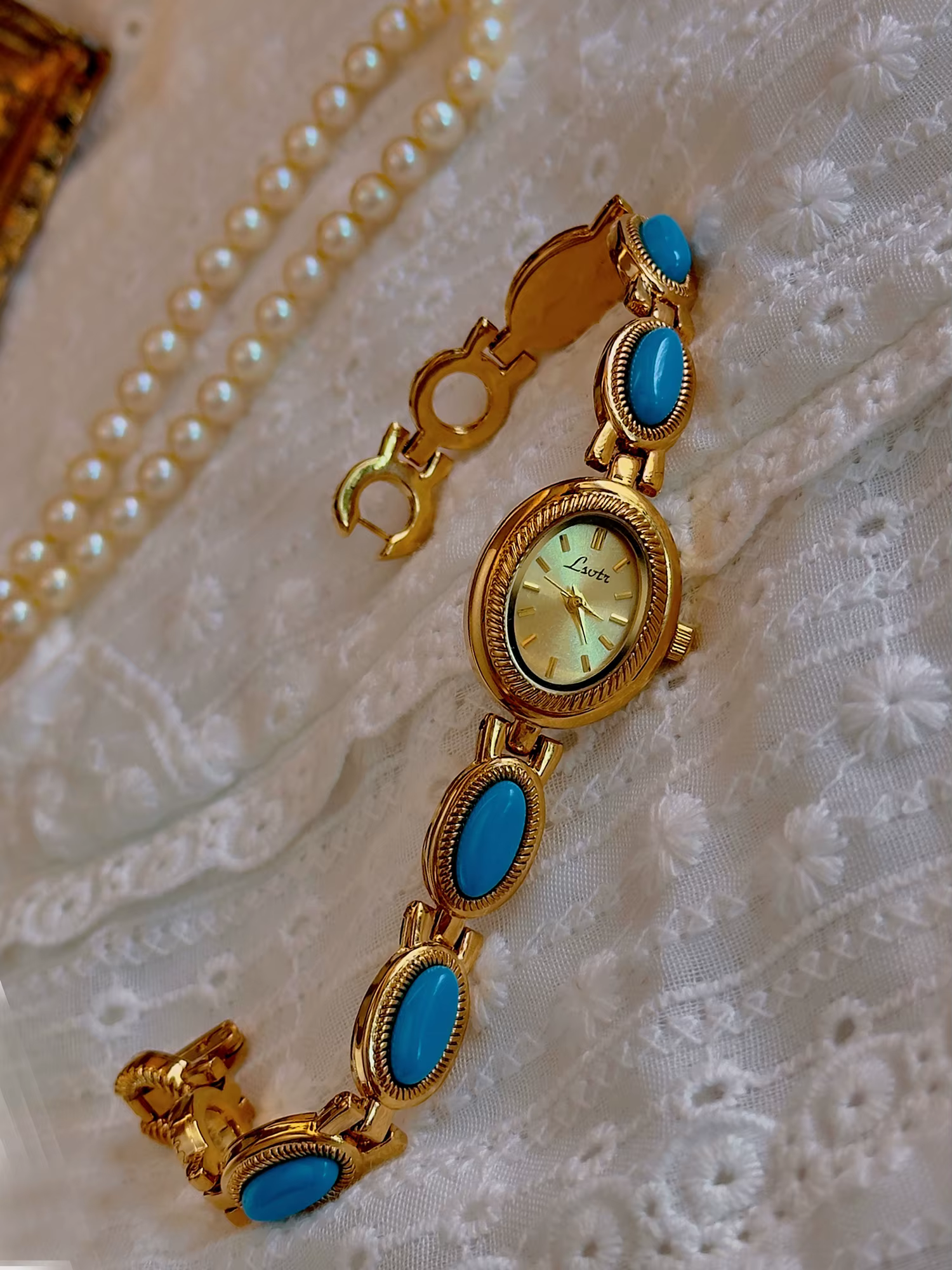 1 montre française élégante et tendance pour femme avec bracelet incrusté de pierres précieuses turquoise artificielles