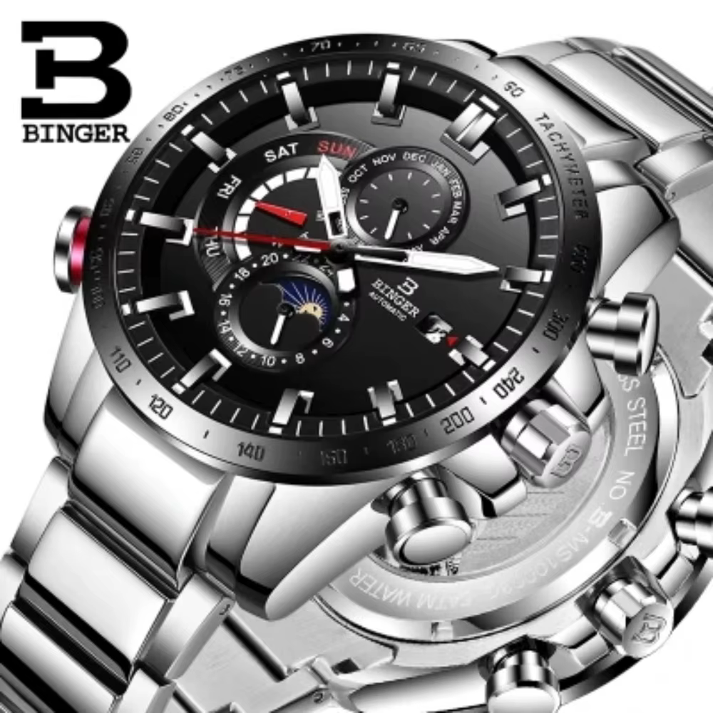 Véritable marque de luxe BINGER hommes montres automatique mécanique lumineux entièrement en acier étanche calendrier de course mâle Phase de lune