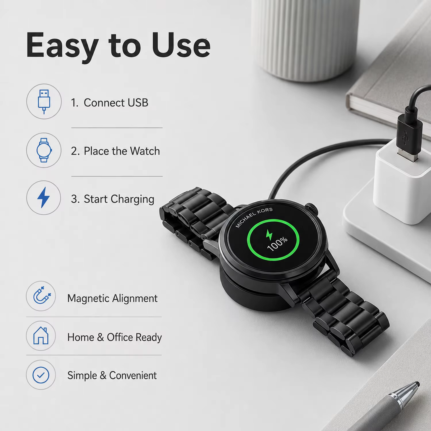 Câble de chargeur pour Michael Kors MKT5017 MKT5020 MKT5021 MKT5022 MKT5026 MKT5028 - Station de charge magnétique sans fil pour montre intelligente