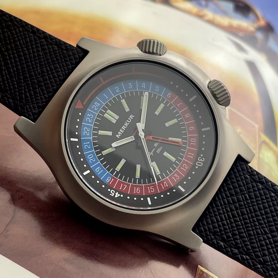Nouveau Merkur double couronne pilote peau montre de plongée 100m rétro manuel montres mécaniques pour hommes