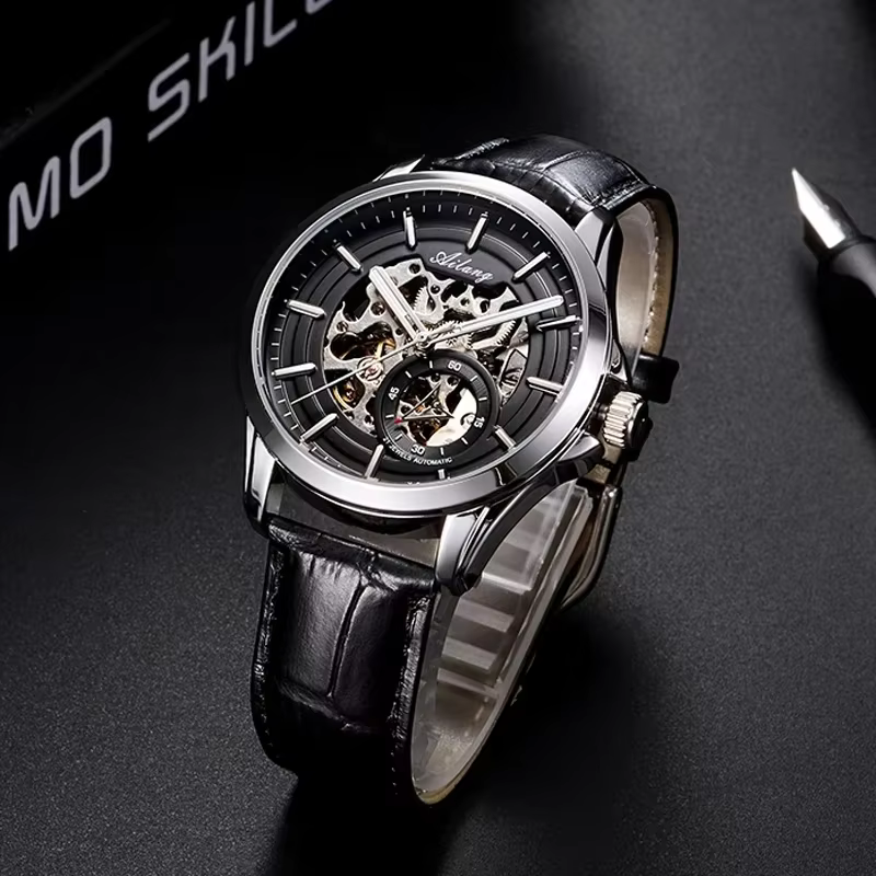 Montre Homme Automatique Mécanique AILANG Haut de Gamme en Acier Inoxydable Lumineuse Luxe Affaires Squelette Transparent