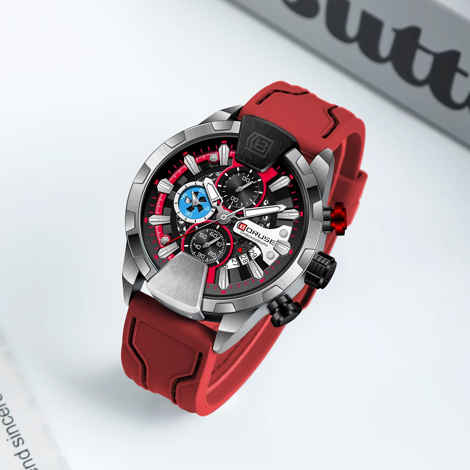 BORUSE montres pour hommes rouge étanche chronographe montre