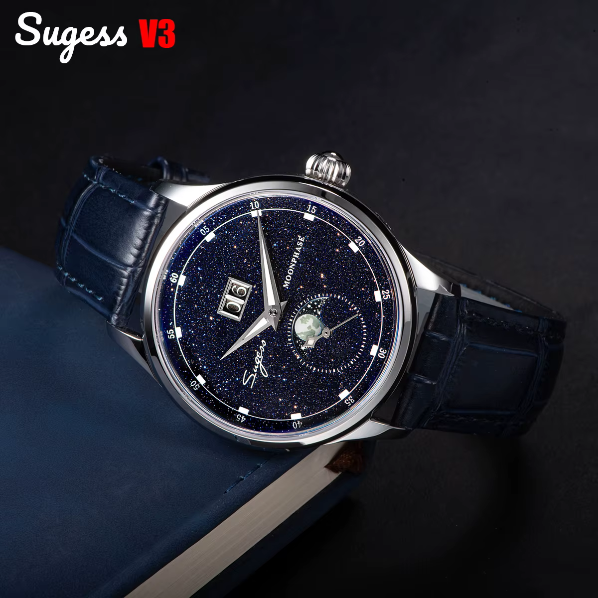 Sugess Moonphase montre pour hommes 40mm montres mécaniques automatiques origine ST2528 mouvement acier inoxydable cadrans en grès bleu