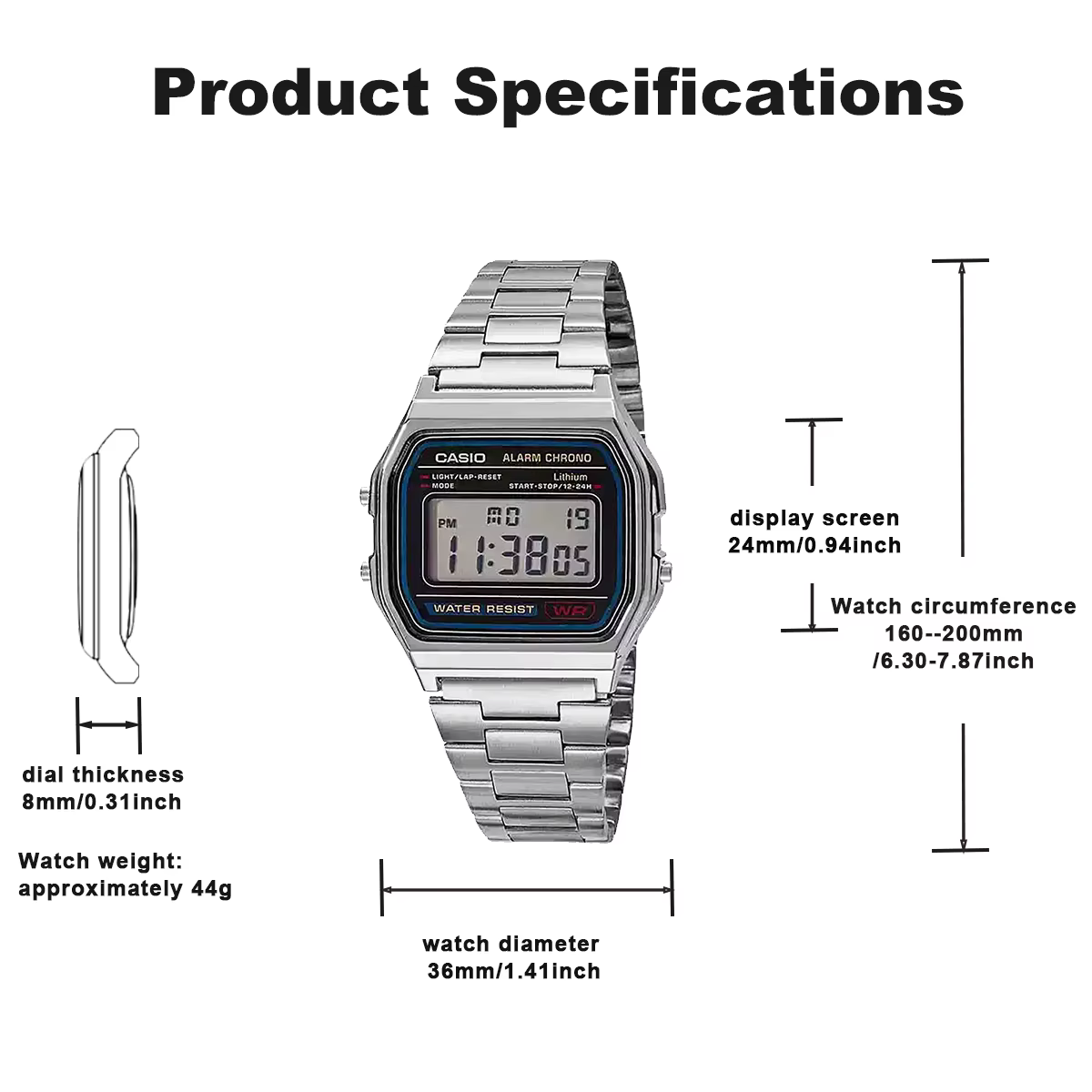 Série Casio A158WA | Montre numérique unisexe | Vintage | Chronomètre 100 secondes | Alarme quotidienne | Suivi du