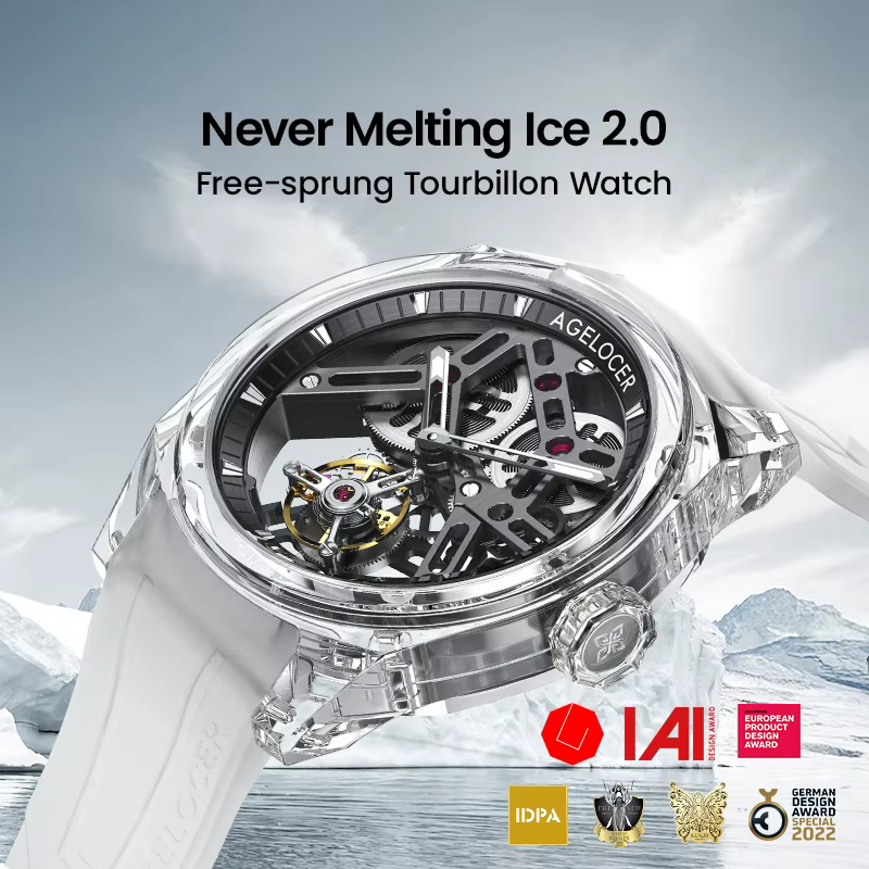 AGELOCER Édition Limitée "Ice Never Melts" Montre Tourbillon à Cristaux à Ressort Libre Montres Mécaniques Manuelles de Luxe