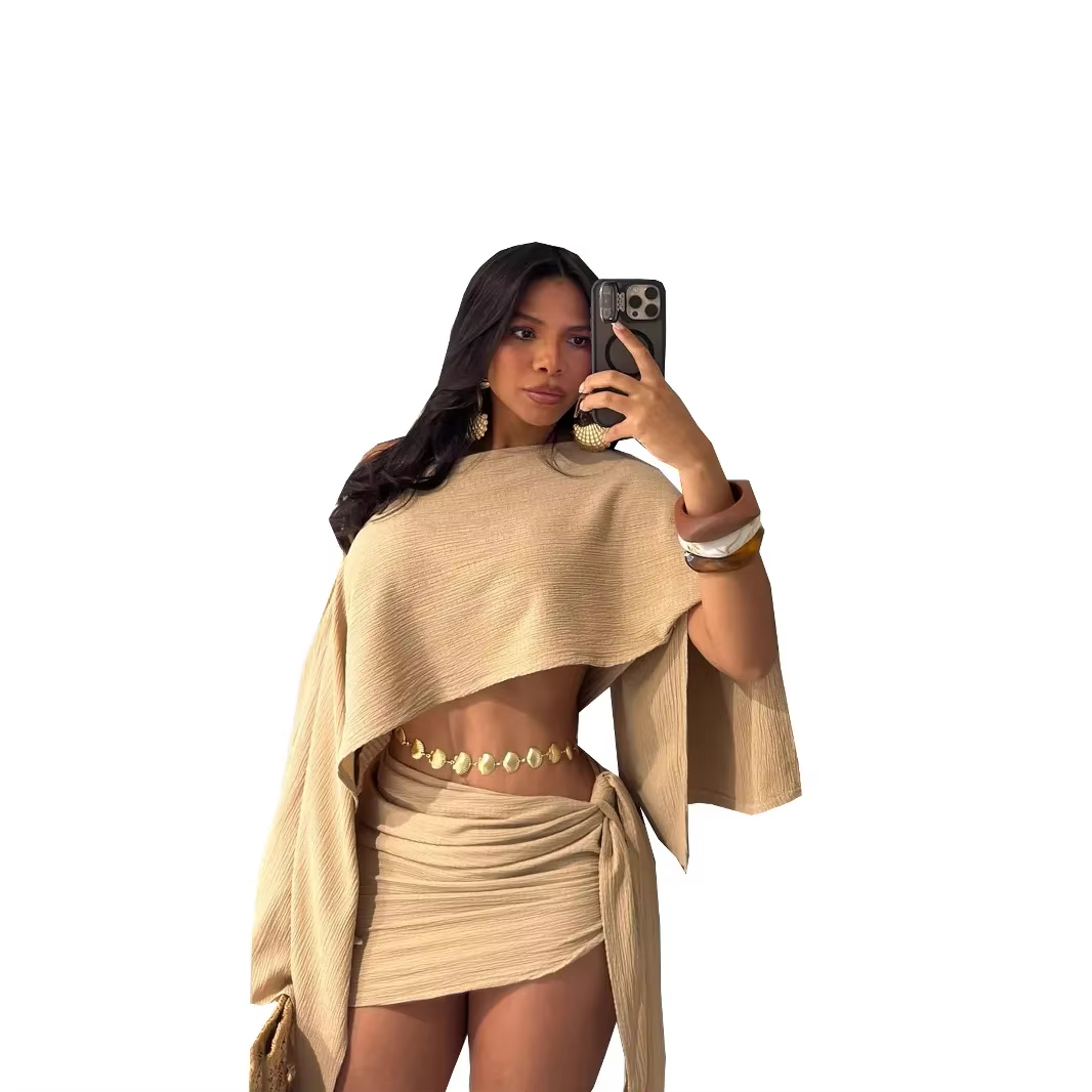 Ensemble haut et jupe courte pour femme, respirant, à col asymétrique et épaules dénudées, style portefeuille mi-cuisse, idéal pour les vacances d'été à la plage