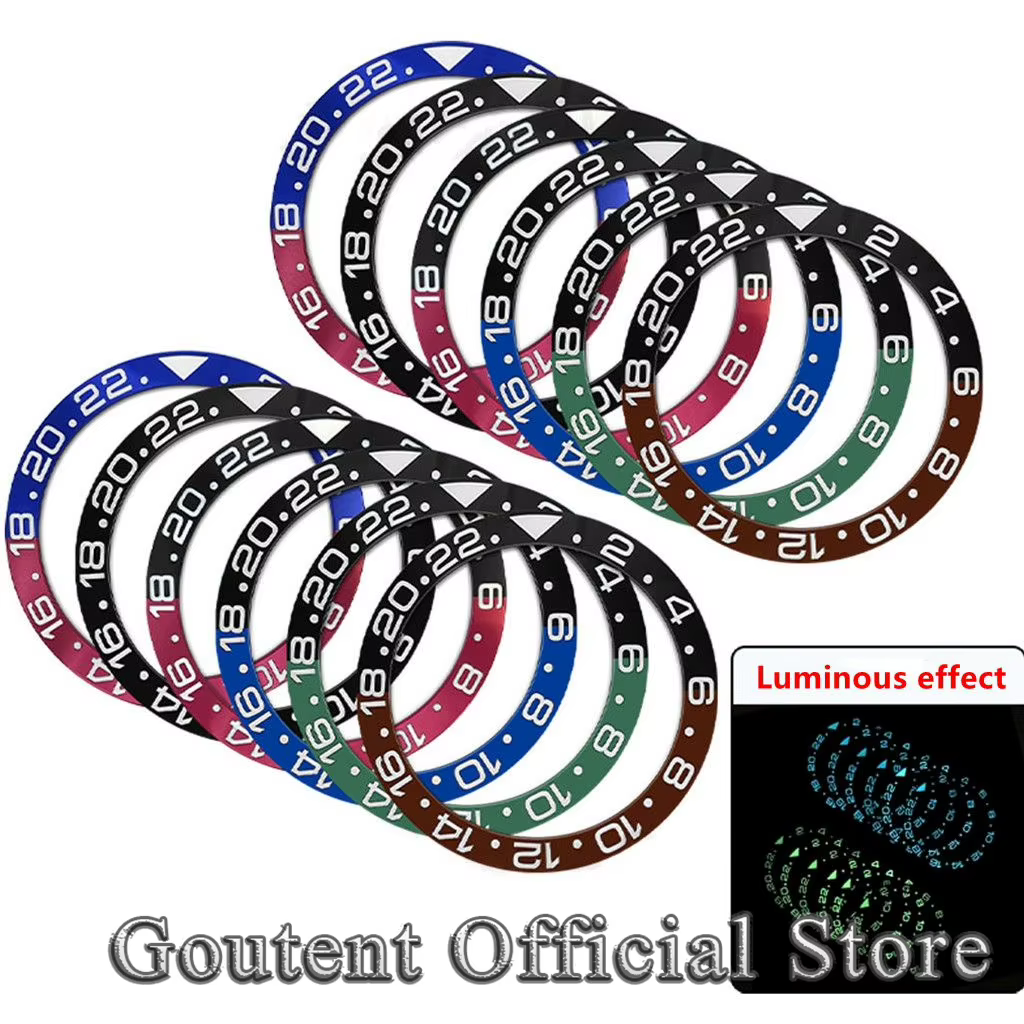 Goutent 38mm GMT Super lumineux rouge bleu noir vert céramique/aluminium montre lunette lumineuse insérer anneau GMT