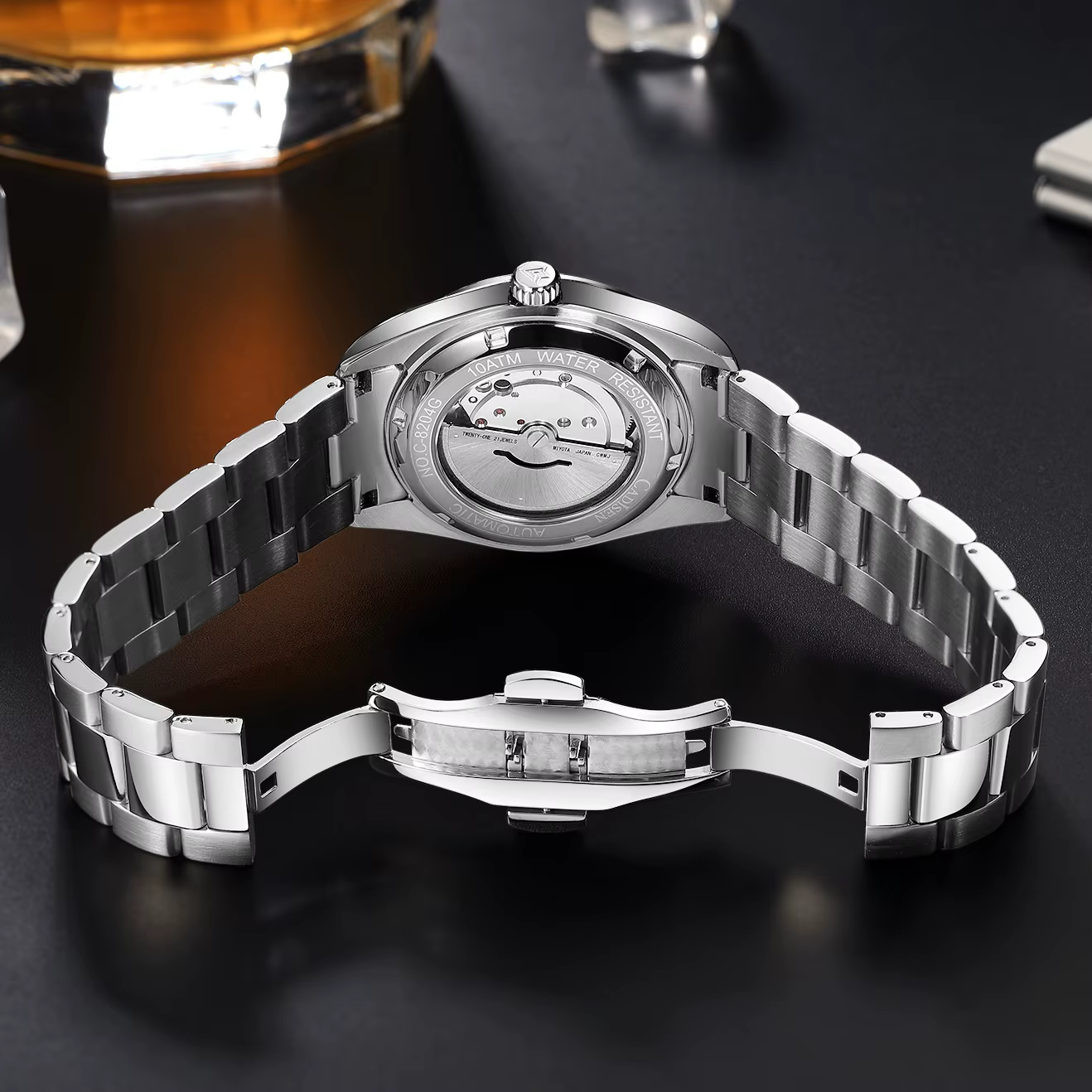 CADISEN Montre pour Hommes Top Marque De Luxe Cadran Noir Montres Automatiques Lumineux Étanche Mécanique