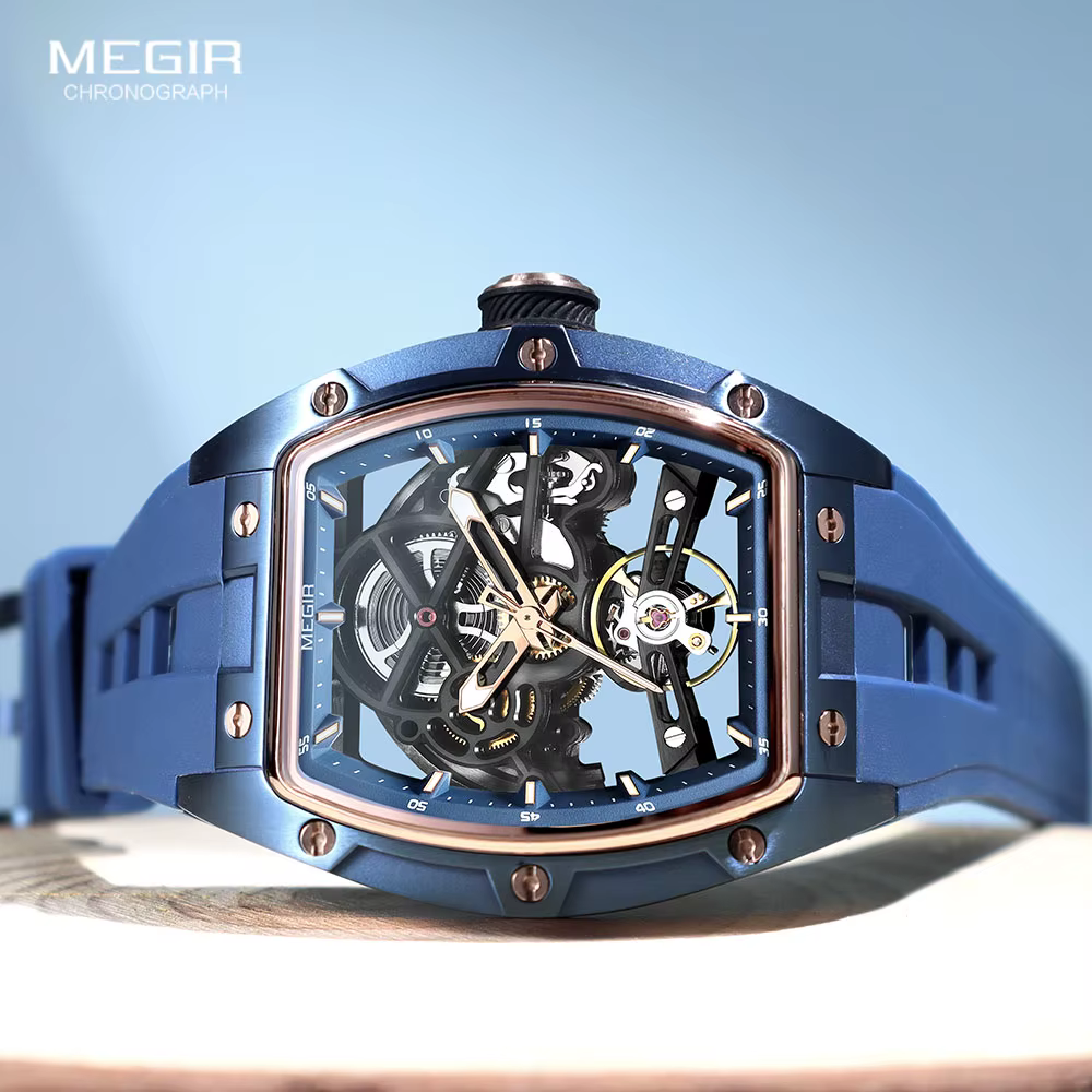 MEGIR 2242 montre automatique bleue pour hommes Sport montre-bracelet mécanique étanche en acier inoxydable avec bracelet en Silicone cadran squelette