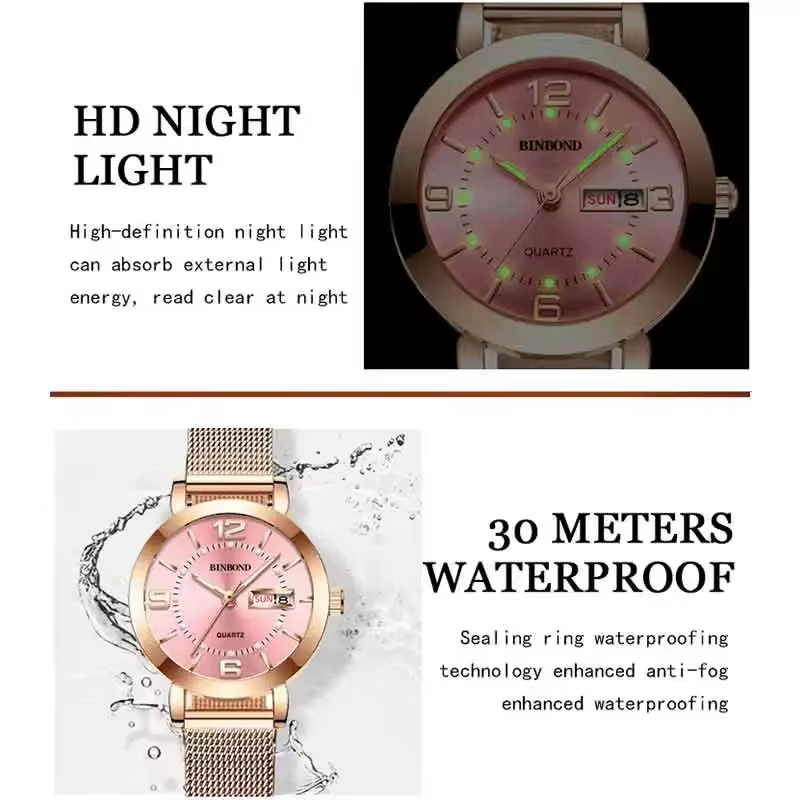 Montres-bracelets à quartz de luxe BINBOND pour femmes, lumineuses, étanches, avec affichage de la date et du jour, montres pour femmes, style business décontracté, Reloj Mujer