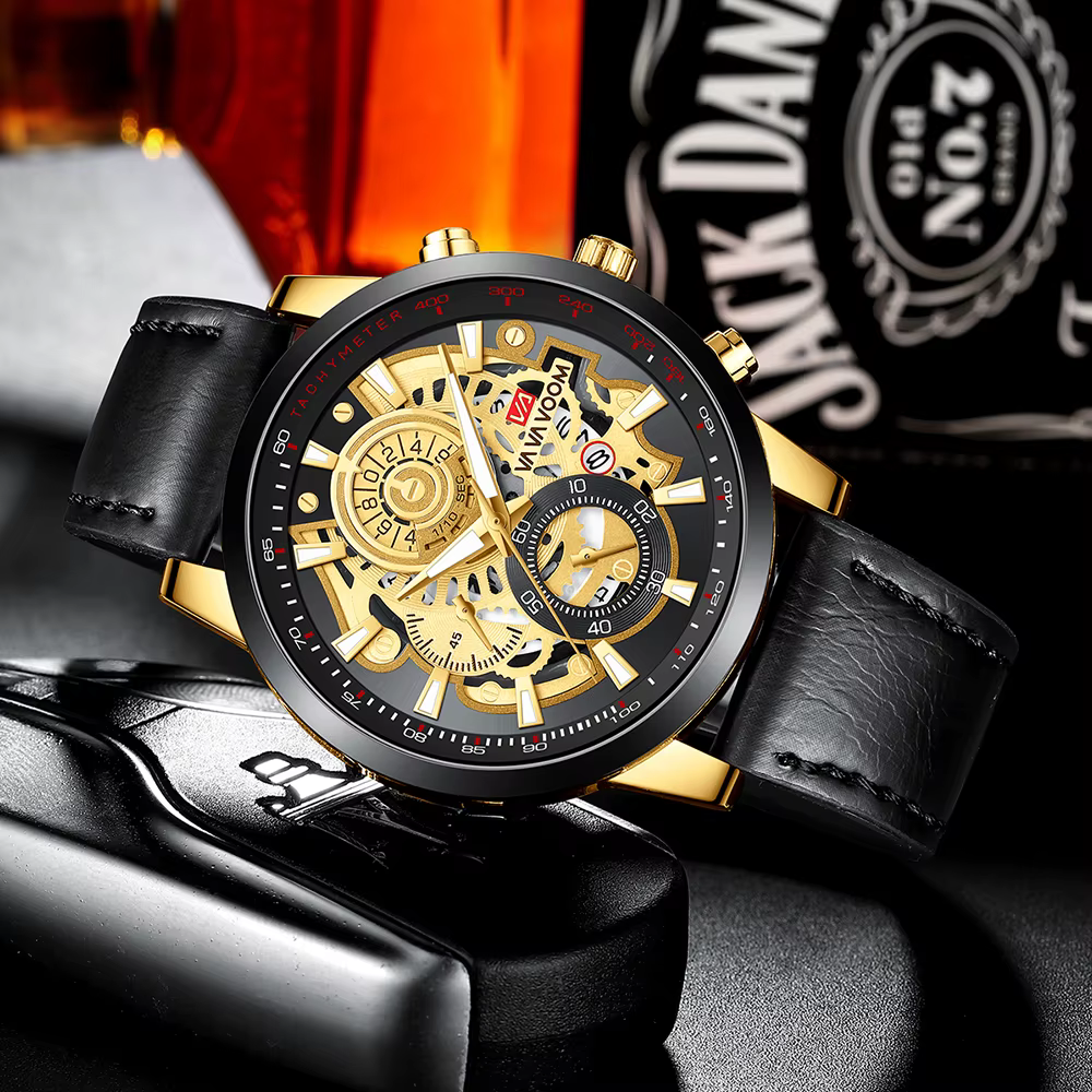 VA VA VOOM marque hommes montre en cuir mode équipement industriel horloge 45mm or Quartz mouvement étanche homme