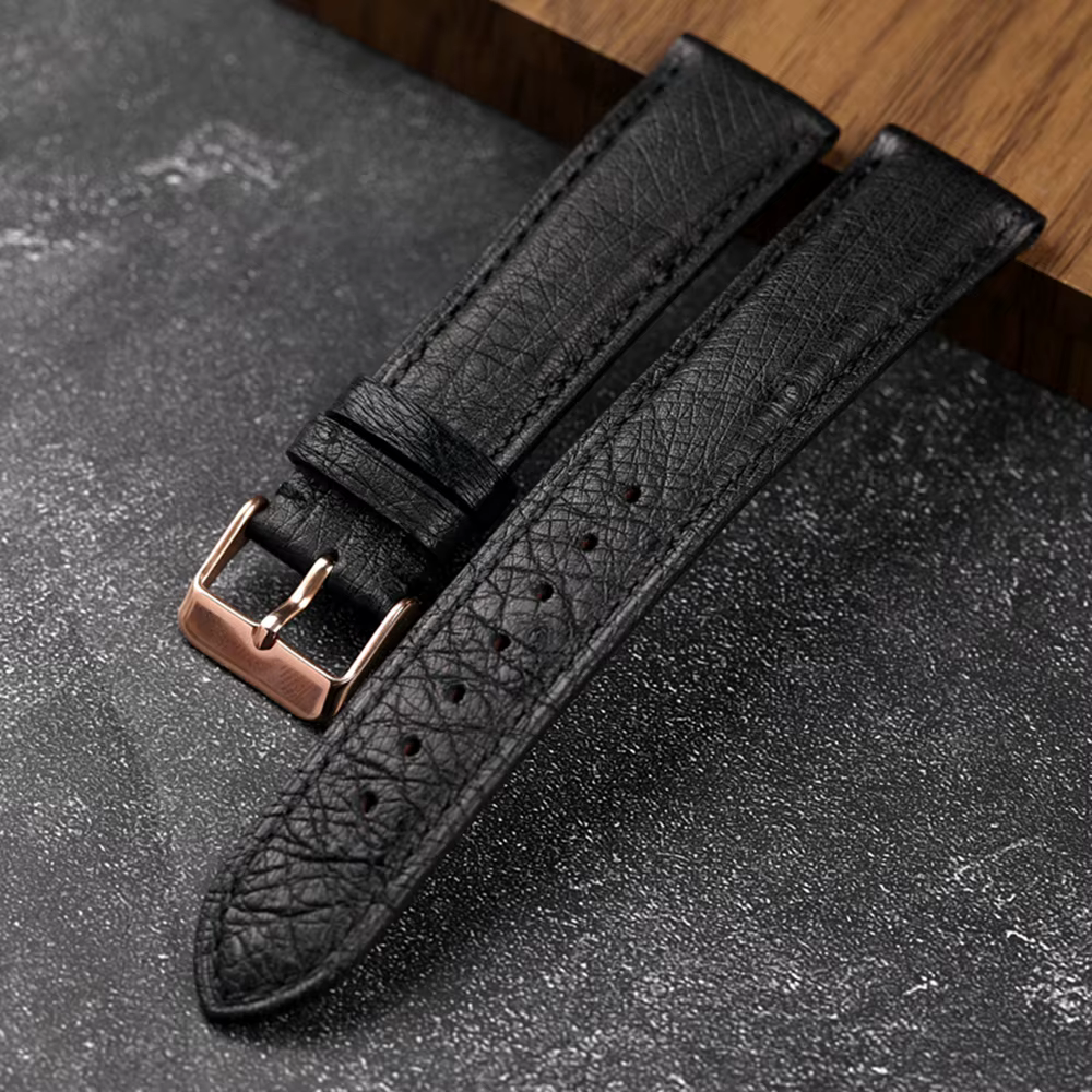 Bracelet noir en cuir d'autruche sud-africain fait à la main 18 19 20 21 22MM