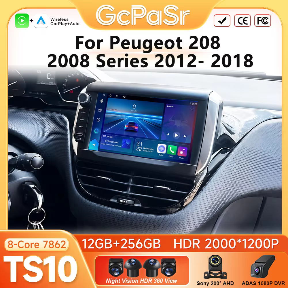 Carplay Android Auto pour Peugeot 208 2008 Série 2012-2018 5G Wifi GPS Navigation Autoradio GPS Systèmes Intelligents de Voiture BT DVD