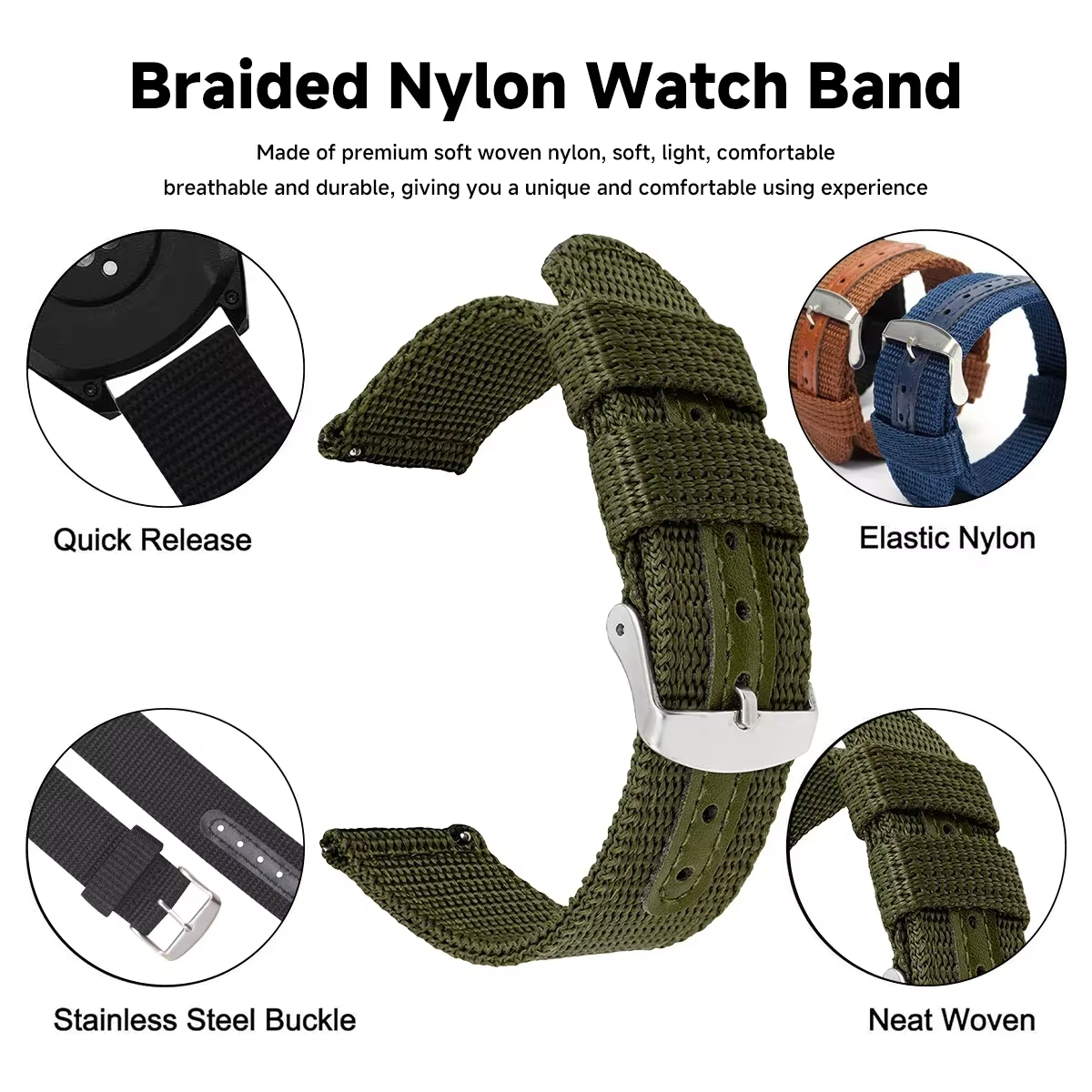 18mm 20mm 22mm 24mm Bracelet de montre en toile de Nylon tissé ceinture souple