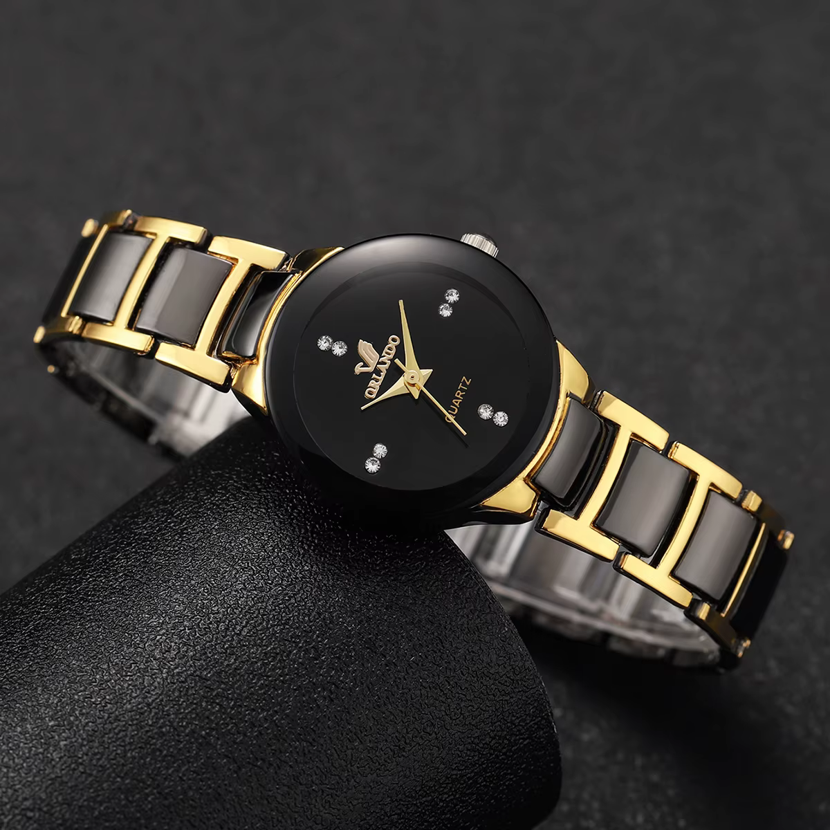 Montre à quartz avec bracelet en acier noir pour femme