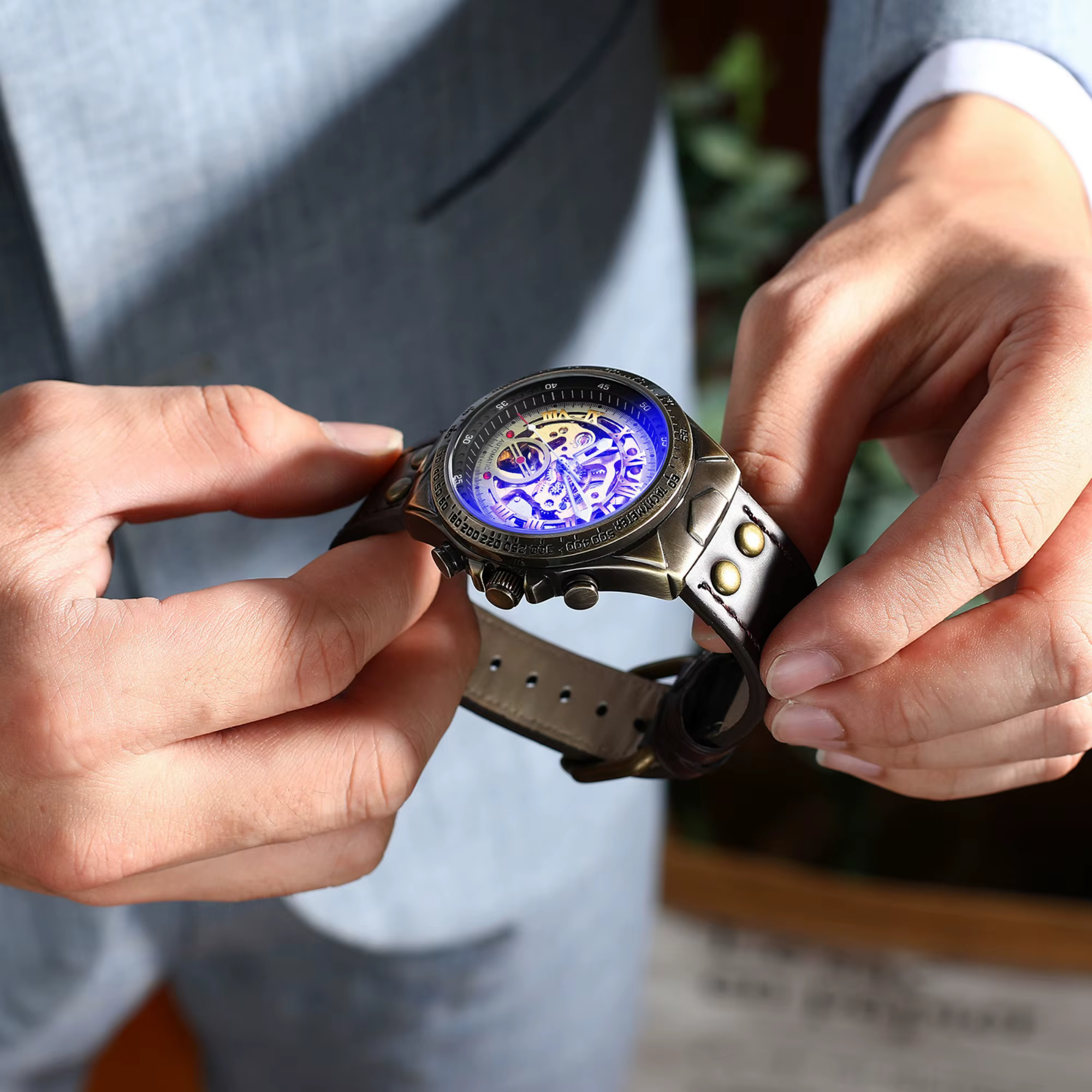 Montre mécanique automatique pour homme, boîtier en alliage, cadran ajouré, bracelet, montre-bracelet de luxe à remontage automatique, cadeau pour les messieurs