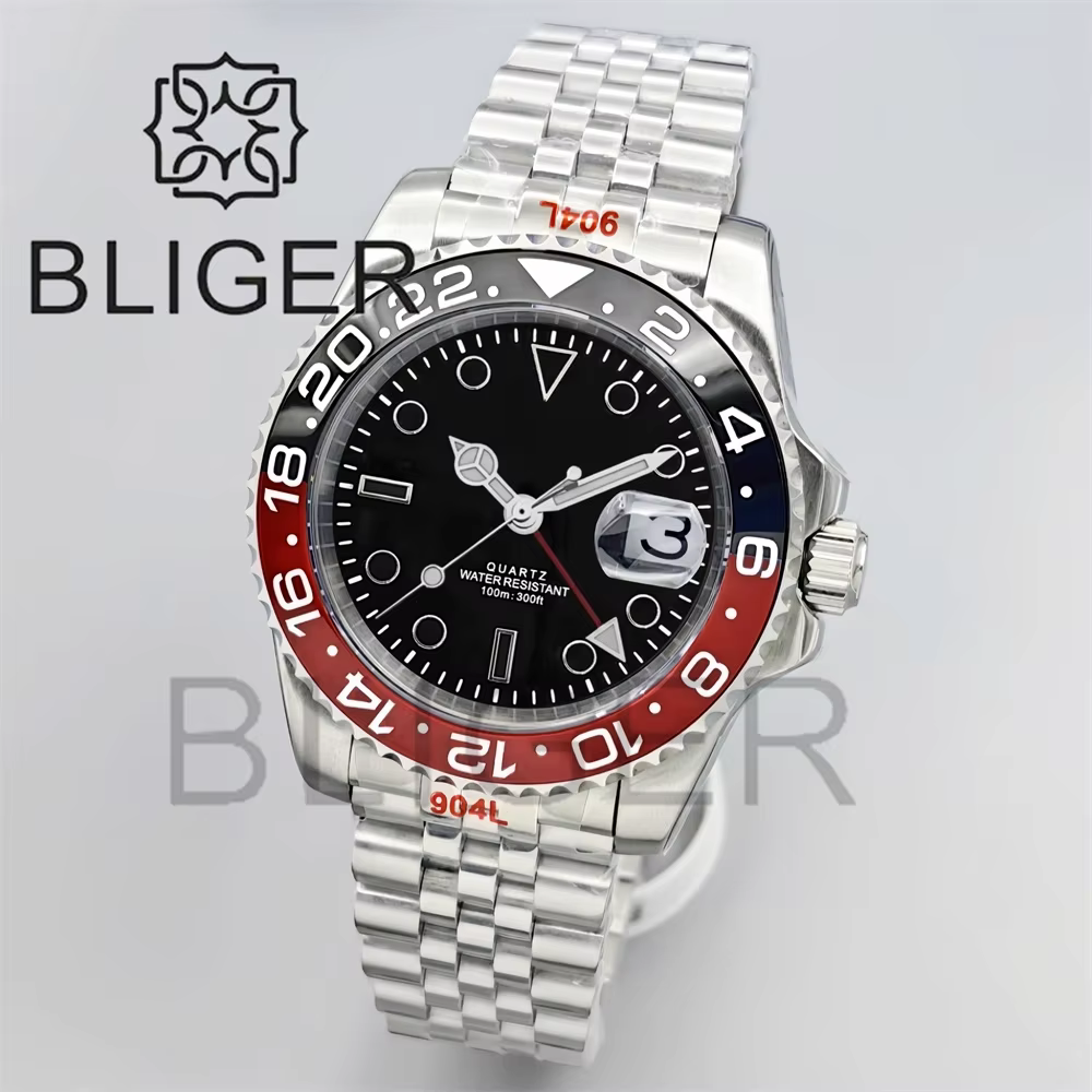 BLIGER 40mm GMT montres pour hommes 100M étanche Logo personnalisé céramique verre saphir acier inoxydable affaires