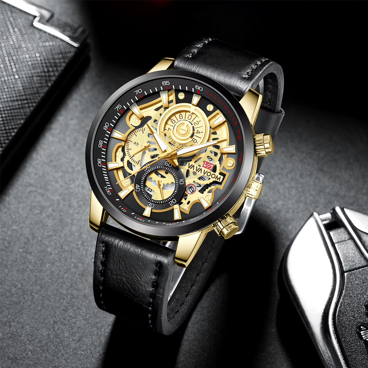 VA VA VOOM marque hommes montre en cuir mode équipement industriel horloge 45mm or Quartz mouvement étanche homme