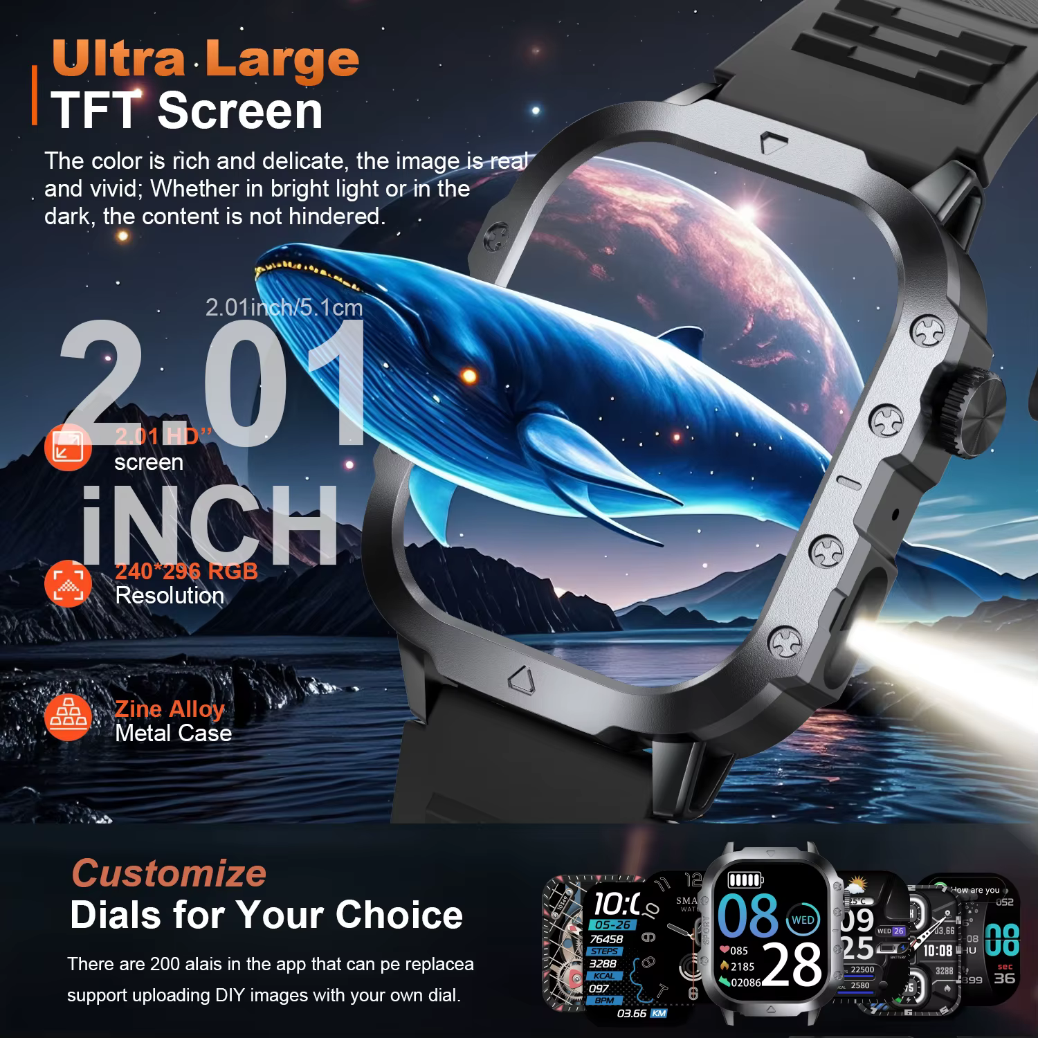 Montre connectée de 2, 01 pouces avec lampe torche LED